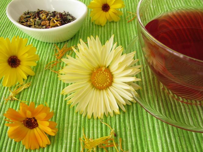 果茶,花,萬壽菊